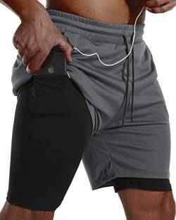 JWJ 2-in-1-Laufshorts für Herren, schnelltrocknend, mit Seitentaschen, grau, XX-Large von JWJ