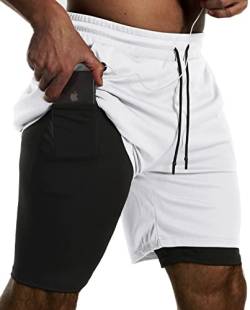 JWJ Herren 2-in-1 Laufshorts Quick Dry Gym Athletic Workout Kleidung mit Seitentaschen, Weiss/opulenter Garten, Groß von JWJ