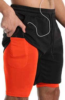 JWJ Herren 2-in-1 Workout-Laufshorts 17,8 cm Leichte Athletic Gym Shorts mit Kompressionsfutter, Schwarz / Orange, XX-Large von JWJ