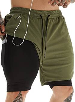 JWJ Herren 2-in-1 Workout Laufshorts 7 Zoll Leichte Athletic Gym Shorts mit Kompressionsfutter, Grün (Army Green), Groß von JWJ