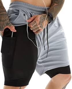 JWJ Herren 2-in-1 Workout Laufshorts 7 Zoll Leichte Athletic Gym Shorts mit Kompressionsfutter, Hellgrau, Groß von JWJ