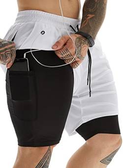 JWJ Herren 2-in-1 Workout Laufshorts 7 Zoll Leichte Athletic Gym Shorts mit Kompressionsfutter, Weiss/opulenter Garten, XX-Large von JWJ