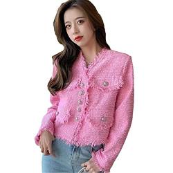 JXQXHCFS Quasten Crop Tweed Jacke Frühling Korean Streetwear Damen Vintage Mäntel Einreiher Outwear pink XS von JXQXHCFS