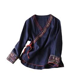 JXQXHCFS Traditionelles Hemd Frauen Chinesische Vintage Bluse Langarmshirts Hanfu Tang Anzug Stickerei Zen Kleidung Navy L von JXQXHCFS