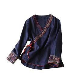 JXQXHCFS Traditionelles Hemd Frauen Chinesische Vintage Bluse Langarmshirts Hanfu Tang Anzug Stickerei Zen Kleidung Navy M von JXQXHCFS