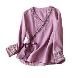 JXQXHCFS Traditionelles Hemd Frauen Chinesische Vintage Bluse Langarmshirts Hanfu Tang Anzug Stickerei Zen Kleidung Purple L von JXQXHCFS