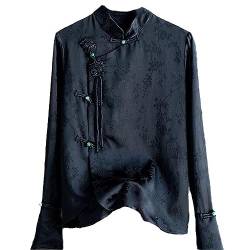 Vintage Jacquard Seidenbluse Damen Ausgestellte Ärmel Tops Retro Knopf Stehkragen Bluse Chinesische Strickjacke Shirt Black S von JXQXHCFS