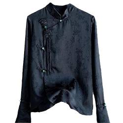 Vintage Jacquard Seidenbluse Damen Ausgestellte Ärmel Tops Retro Knopf Stehkragen Bluse Chinesische Strickjacke Shirt Black XL von JXQXHCFS