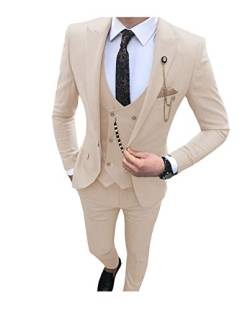 JXY Herren Anzug 3 teilig Slim fit Gebrochen steigendes Revers Sakko für Business Freizeit Hochzeit Trauzeugen (Anzugjacken+Anzughosen+Zweireiher Westen) Beige-46 von JXY