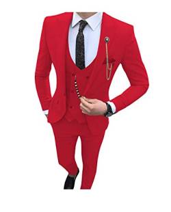 JXY Herren Anzug 3 teilig Slim fit Gebrochen steigendes Revers Sakko für Business Freizeit Hochzeit Trauzeugen (Anzugjacken+Anzughosen+Zweireiher Westen) Red-50 von JXY