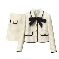 Damen-Tweed-weißer Anzug Jacke Mantel Oberteil und Rock Elegantes zweiteiliges Set passendes Outfit Winter-Jacquard-Kleidung Picture M von JYHBHMZG