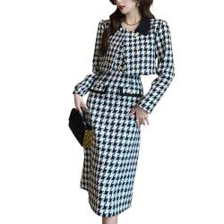 Französisch Vintage Tweed Schwarz Kurze Jacke & Mid Kleid Zwei Stück Set Frauen Elegante Crop Blazer Kleid Anzüge Weibliche White S von JYHBHMZG