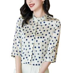JYHBHMZG Sommer-Damen-echte Seidensatin-Bluse - Vintage-Punktedruckhemd mit lockeren Oberteilen White S von JYHBHMZG