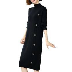 Kleid Damen Strickpulloverkleid für Frühling Herbst Rollkragen solide Knöpfe knielanges Unterkleid Black L von JYHBHMZG