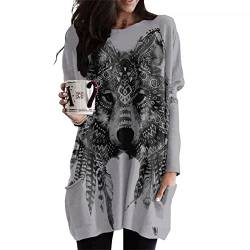 Damen Langarmkleid - Fashion Wolf Graphic Print T-Shirt Kleider Baggy Casual Pullover T-Shirt Kleid mit Tasche von JYJFORYOU