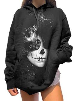 JYJFORYOU Damen Hoodie Rose und Totenkopf Grafik Kapuzensweatshirt 3D Skelettdruck Pullover Lässige Langarm Hoodies mit Tasche von JYJFORYOU