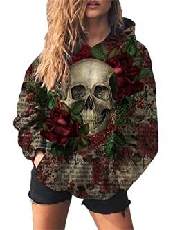 JYJFORYOU Damen Hoodie Rose und Totenkopf Grafik Kapuzensweatshirt 3D Skelettdruck Pullover Lässige Langarm Hoodies mit Tasche von JYJFORYOU