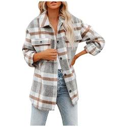 Jacken für Frauen Trendy Farbe Block Plaid Flanell Shacket Jacken Lässige Langarm V-Ausschnitt Button Down Jacke Mantel von JYJXFD