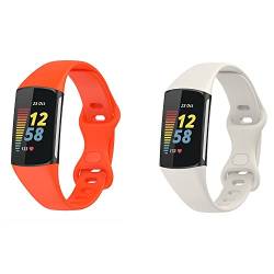JYMYI 2Pcs Smartwatch Uhrenarmband Kompatibel mit Fitbit Charge 5 Armband, Weich Silikon Armbänder Verstellbare Sport Ersatzband Uhrenarmbänder für Fitbit Charge 5 Strap Damen Herren (Orange Beige) von JYMYI