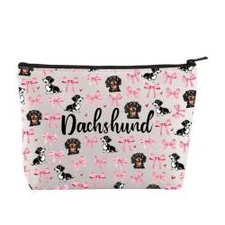 JYTAPP Dackel Kokette Make-up Tasche Hund Liebhaber Dackel Geschenk Rosa Schleife Kokette Hund Kosmetik Tasche Dackel Hund Mama Geschenk, Beige von JYTAPP