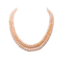 JYX Pearl Classic Doppelte Perlenkette Perlenkette AA + Qualität 7mm flache runde rosa Süßwasser Zuchtperlen Halskette von JYX Pearl