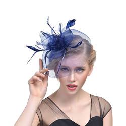 JZK Dunkel blau Dame Vintage Fascinator Blume Kopfbedeckung Kopfstück Feder Haar Zubehör Schleier mit Clip & Stirnband, Elegant Haarschmuck Hut für Cocktail Party Hochzeit von JZK