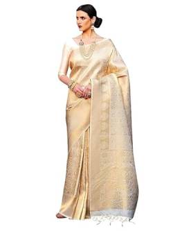 Jaanvi fashion Damen Kanchipuram Seidensaris mit Zari & Bluse, Reines Gold, 6 Meter von Jaanvi Fashion