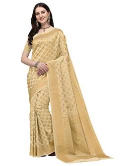 Jaanvi fashion Damen Banarasi Seide mit Zari Jacquard Arbeit Saree mit ungenähter Bluse, Beige Gold, One size von Jaanvi fashion