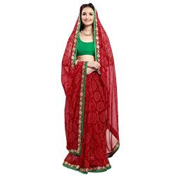 Jaanvi fashion Damen Chiffon Bandhani bedruckter Sari mit Spitze und Blusenteil mit ungenähter Bluse, rot, One size von Jaanvi fashion