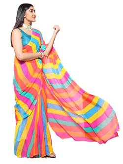 Jaanvi fashion Damen Regenbogen Multicolor Blocked Muster Chiffon Saree mit ungenähter Bluse Stück, Regenbogenfarben, Einheitsgröße von Jaanvi fashion