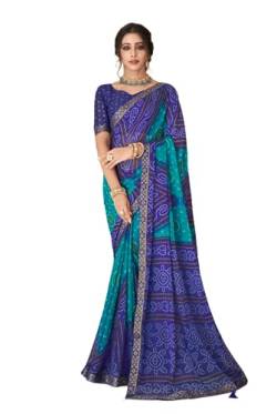 Jaanvi Mode Frauen Chiffon Bandhani gedruckt Saree mit soliden Selbst gedruckt Unstitched Bluse Stück, Blau-A, One size von Jaanvi