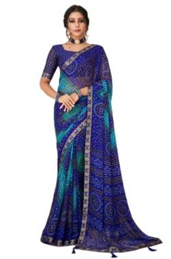 Jaanvi Mode Frauen Chiffon Bandhani gedruckt Saree mit soliden Selbst gedruckt Unstitched Bluse Stück, Blau-C, One size von Jaanvi
