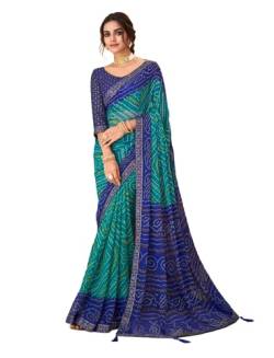 Jaanvi Mode Frauen Chiffon Bandhani gedruckt Saree mit soliden Selbst gedruckt Unstitched Bluse Stück, Blau-b, One size von Jaanvi