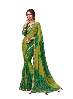 Jaanvi Mode Frauen Chiffon Bandhani gedruckt Saree mit soliden Selbst gedruckt Unstitched Bluse Stück, Flieder, One size von Jaanvi