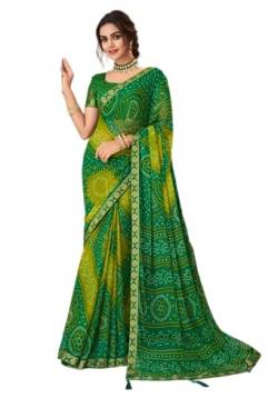 Jaanvi Mode Frauen Chiffon Bandhani gedruckt Saree mit soliden Selbst gedruckt Unstitched Bluse Stück, Green-a, One size von Jaanvi