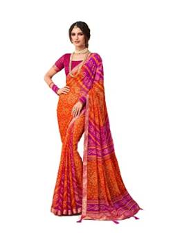 Jaanvi Mode Frauen Chiffon Bandhani gedruckt Saree mit soliden Selbst gedruckt Unstitched Bluse Stück, Orange 03, One size von Jaanvi