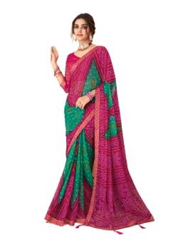 Jaanvi Mode Frauen Chiffon Bandhani gedruckt Saree mit soliden Selbst gedruckt Unstitched Bluse Stück, Pink-a, One size von Jaanvi