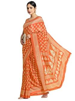 Jaanvi Modische Damen-Bluse aus Kreppseide mit ethnischem Blumenmuster, mit Zari-Arbeit und ungenähter Bluse, Orange, One size von Jaanvi