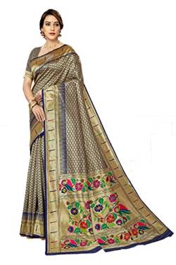 Jaanvi Modischer Damen-Sari aus Paithani-Seide mit Zari-Jacquard-Arbeits-Sari mit Bluse, blau, One size von Jaanvi