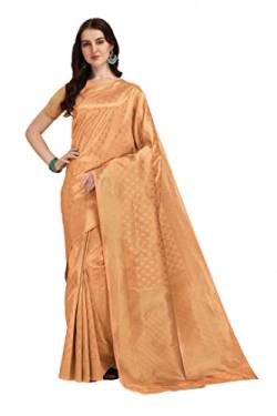 Jaanvi Traditioneller Damen-Sari aus Kanjivaram-Seide mit Zari-Arbeit und ungenähter Bluse, pfirsich, One size von Jaanvi