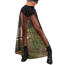 Damen 2 In 1 Transparent Mesh Rock Mit Hose Rave Outfit Glitzer Stern Drunter High Waist Tüllrock Maxirock Musikfestivals Party Clubwear von Jabidoos