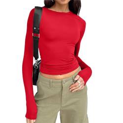 Skims Langarmshirt Slim Fit Damen Y2K Oberteile Langarm Shirts Rundhals Cropped Tee Einfarbig Basic Crop Tops Casual Athletisches Top Teenager Streetwear Vintage Clothes Stockholm Style(Rot,S) von Jabidoos