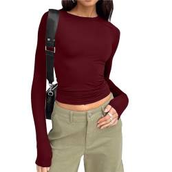 Skims Langarmshirt Slim Fit Damen Y2K Oberteile Langarm Shirts Rundhals Cropped Tee Einfarbig Basic Crop Tops Casual Athletisches Top Teenager Streetwear Vintage Clothes Stockholm Style(Wein,S) von Jabidoos