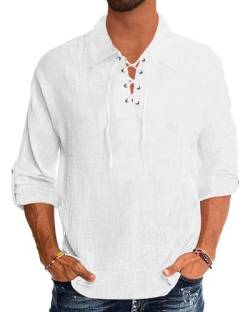 Jacansi Hemden für Herren Leinenhemd Freizeithemd Herren-Kostüm Mit Schnürung Mittelalterliches Vintage-Kostüm Weiß 3XL von Jacansi