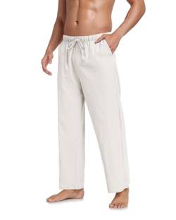 Jacansi Herren Baumwolle Freizeithose Leinenhosen Sommer Strandhose Kordelzug Casual Yoga Hose mit Taschen Weiß XL von Jacansi