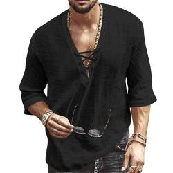 Jacansi Herren Baumwolle Leinen Hemd Kordelzug Halbarm Casual Lace Up Freizeithemd Casual Shirt Sommer Strand Tops Schwarz XXL von Jacansi