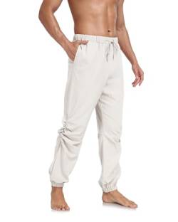 Jacansi Herren Baumwolle Leinen Hose Kordelzug Elastische Taille Freizeithose Casual Jogger Yoga Hose Weiß 3XL von Jacansi