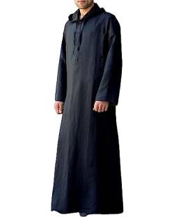 Jacansi Herren Button-Down-Robe Baumwolle Leinen Kaftan mit Kapuze Sommer Casual Thobe Schwarz 2XL von Jacansi