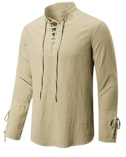 Jacansi Herren Freizeithemd Langarm Leinenhemd Herren-Kostüm mit Schnürung Baumwolle Mittelalterliches Vintage-Kostüm Khaki 3XL von Jacansi
