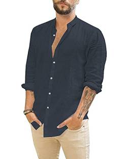 Jacansi Herren Hemd Reine Baumwolle Bequemes Hemd Herren Button Down Sommer Langarm Shirt Navy 2XL von Jacansi